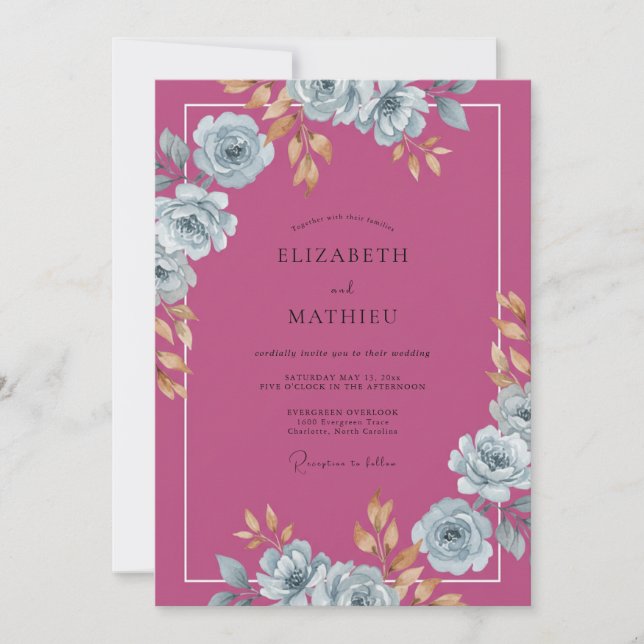 Convites Casamento Rosa Azul Magenta (Frente)