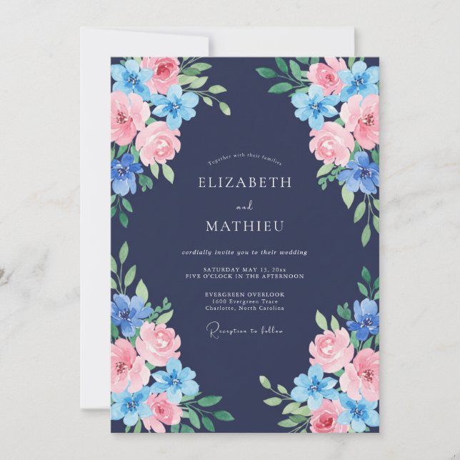 Convites Casamento Rosa Azul Meia-Noite (Frente)