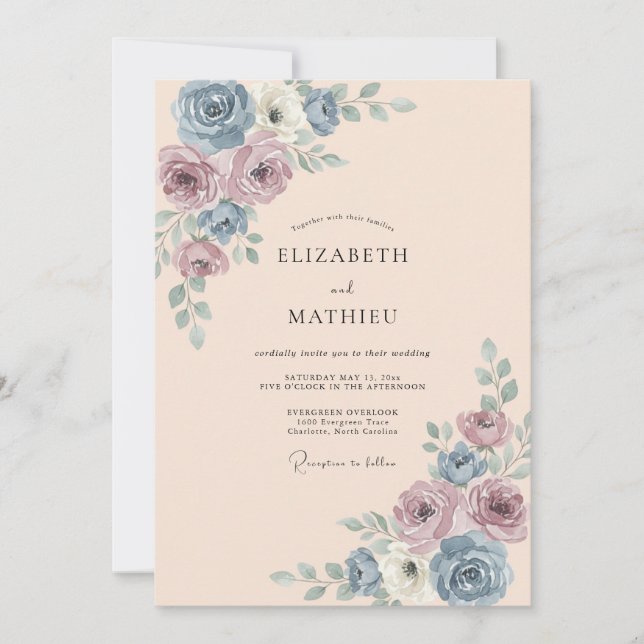 Convites Casamento Rosa Azul Poento (Frente)
