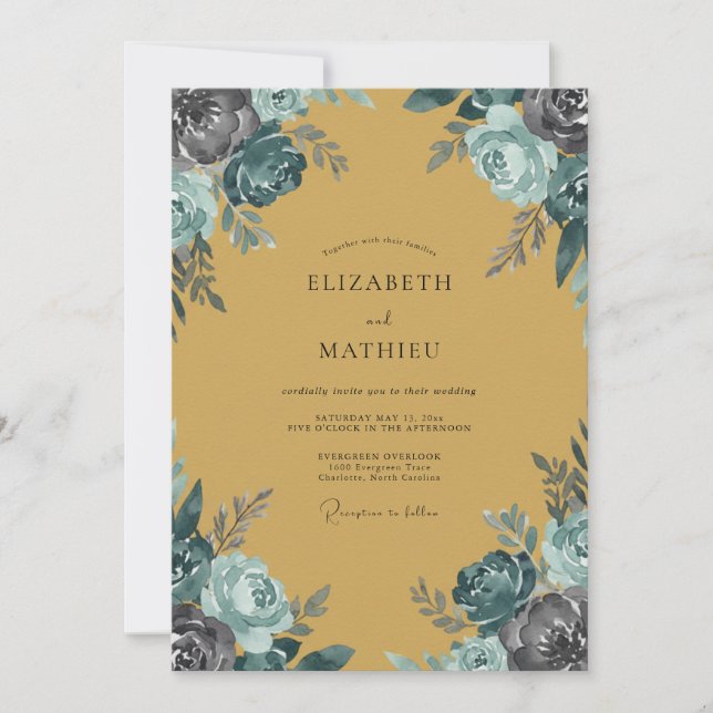Convites Casamento Rosa Azul Teal Mostarda (Frente)