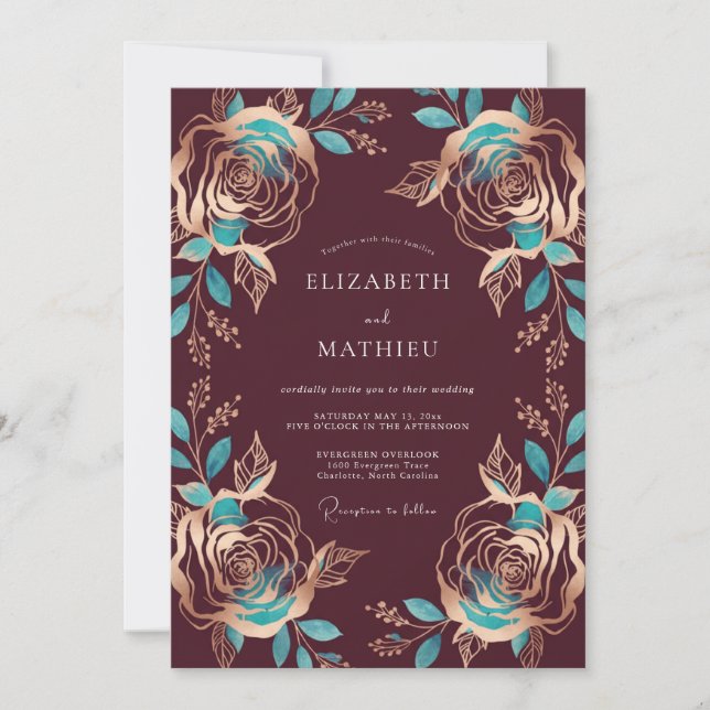 Convites Casamento Rosa Azul Turquesa Borgonha (Frente)