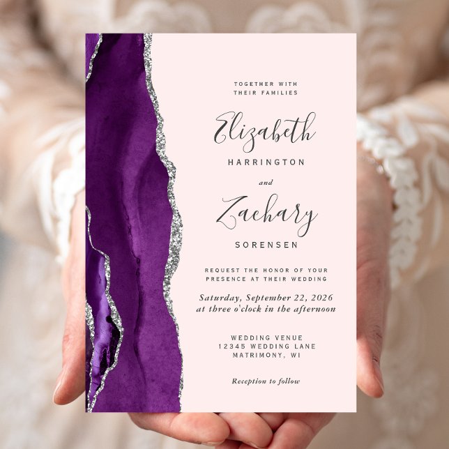 Convites Casamento Rosa Bege Ágata Prata Roxo Moderno (Criador carregado)
