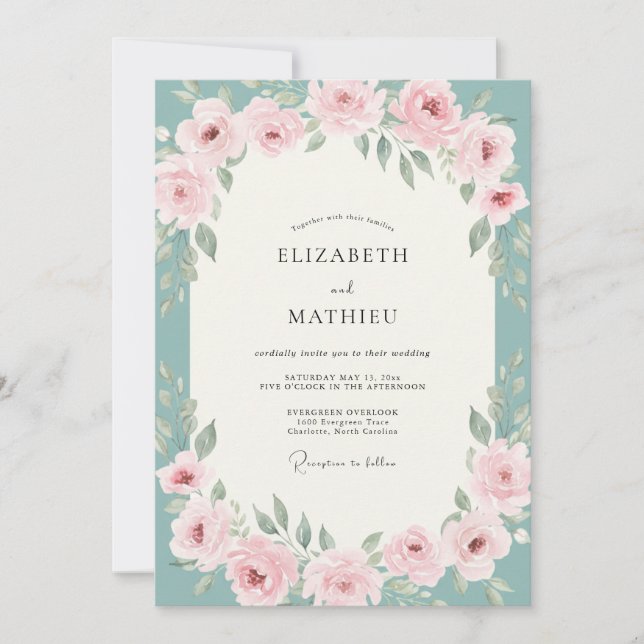 Convites Casamento Rosa Bege Aqua (Frente)