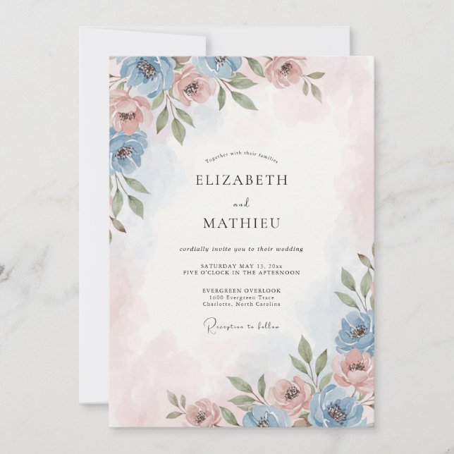 Convites Casamento Rosa Bege Azul Céu Dourado (Frente)