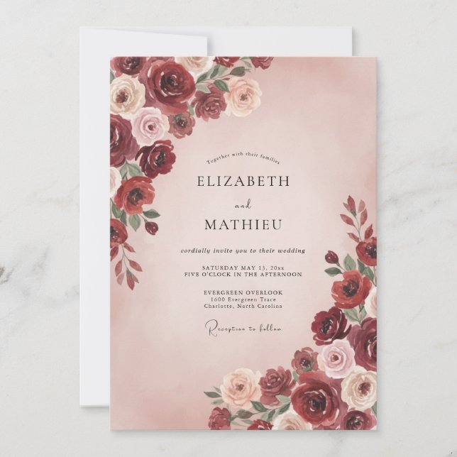 Convites Casamento Rosa Bege Borgonha (Frente)