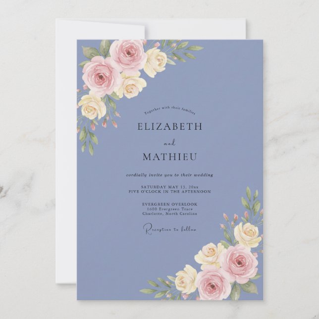 Convites Casamento Rosa Bege com Tons de Periwinkle (Frente)
