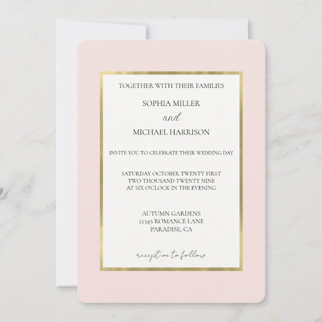 Convites Casamento Rosa Bege Dourado Branco (Frente)