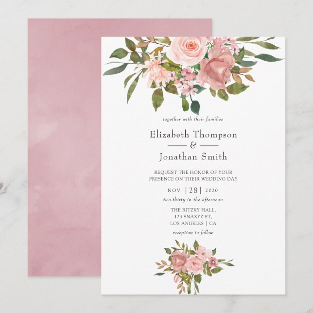 Convites Casamento Rosa Bege e Dourado Rosa (Frente/Verso)