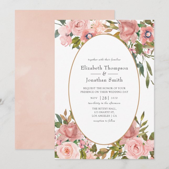 Convites Casamento Rosa Bege e Dourado Rosa (Frente/Verso)