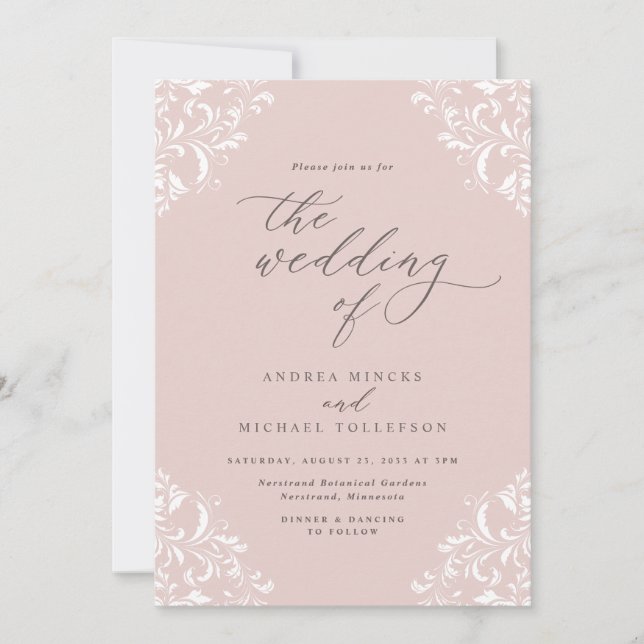 Convites Casamento Rosa Bege Elegante Vintage (Frente)
