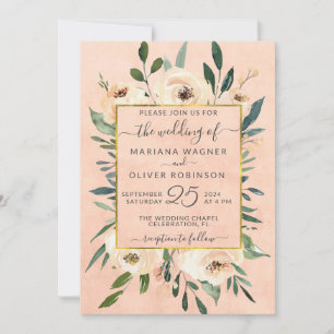 Convites Casamento Rosa Bege Floral Dourado