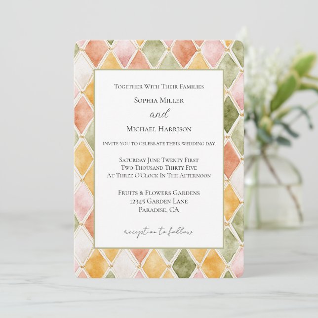 Convites Casamento Rosa Bege Laranja Verde Amarelo (Em pé/Frente)