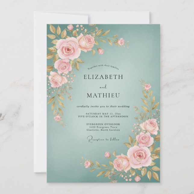 Convites Casamento Rosa Bege Poeira Azul (Frente)