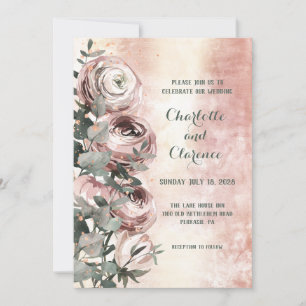 Convites Casamento Rosa Bege Ranunculus Eucalipto Dourado R
