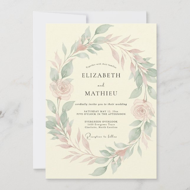 Convites Casamento Rosa Bege Sage (Frente)