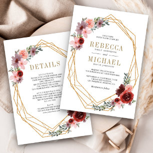 Convites Casamento Rosa Borgonha Floral Dourado Tudo em Um
