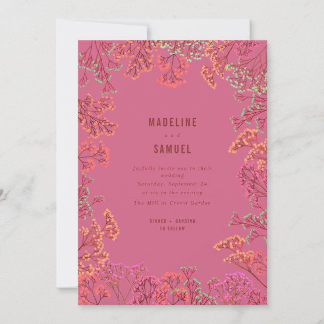 Convites Casamento Rosa Botânica de Gypsophila Neon (Frente)