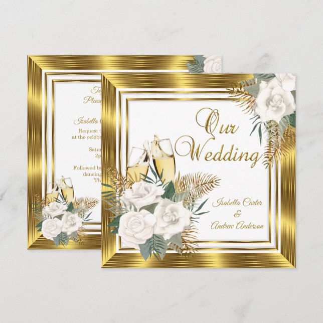 Convites Casamento Rosa Branca Dourada Champanhe Dourado  (Frente/Verso)
