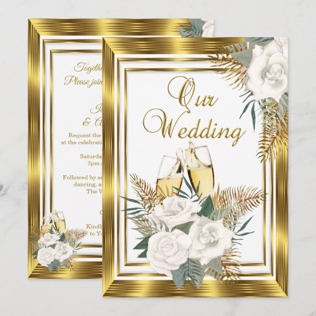 Convites Casamento Rosa Branca Dourada Champanhe Ouro 2 (Frente/Verso)
