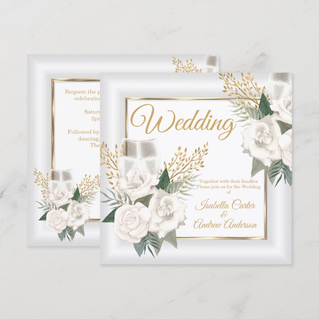 Convites Casamento Rosa Branca Floral Champanhe Dourado (Frente/Verso)