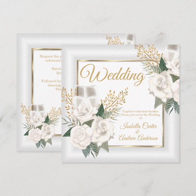 Convites Casamento Rosa Branca Floral Champanhe Dourado (Frente/Verso)