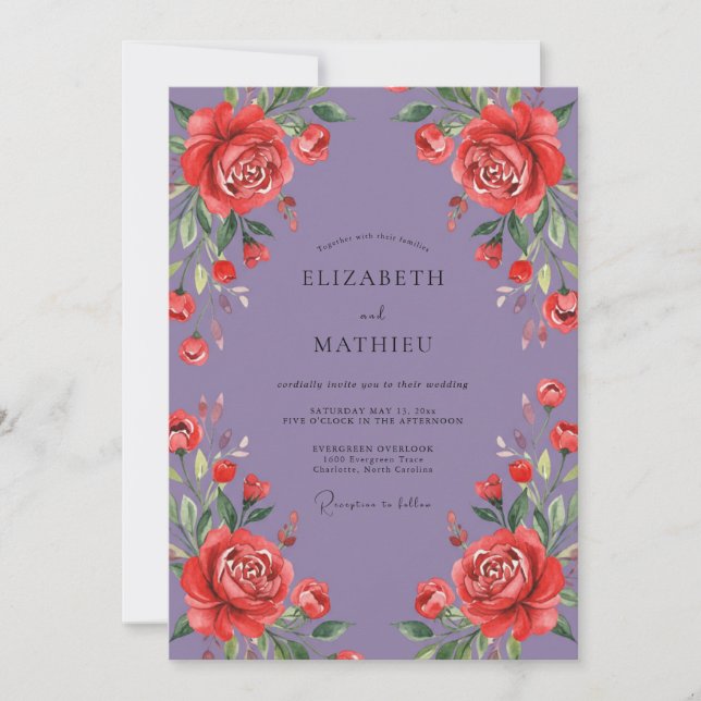 Convites Casamento Rosa Carmesim Lilás (Frente)