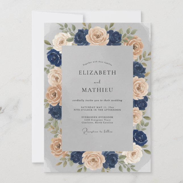 Convites Casamento Rosa Champanhe Índigo (Frente)