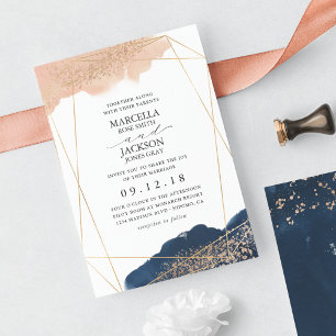 Convites Casamento Rosa Choque, Dourado e Azul Marinho