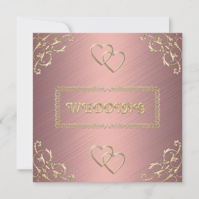 Convites Casamento Rosa com Corações de Ouro (Frente)