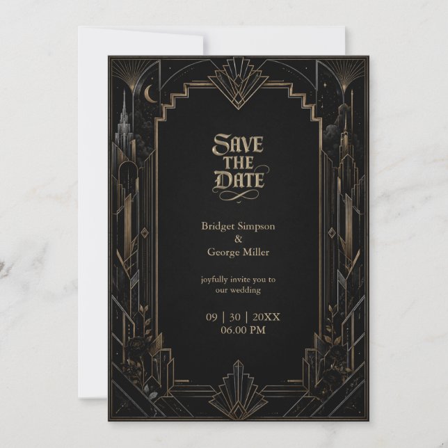 Convites Casamento Rosa com Paisagem Art Déco Gótica (Frente)