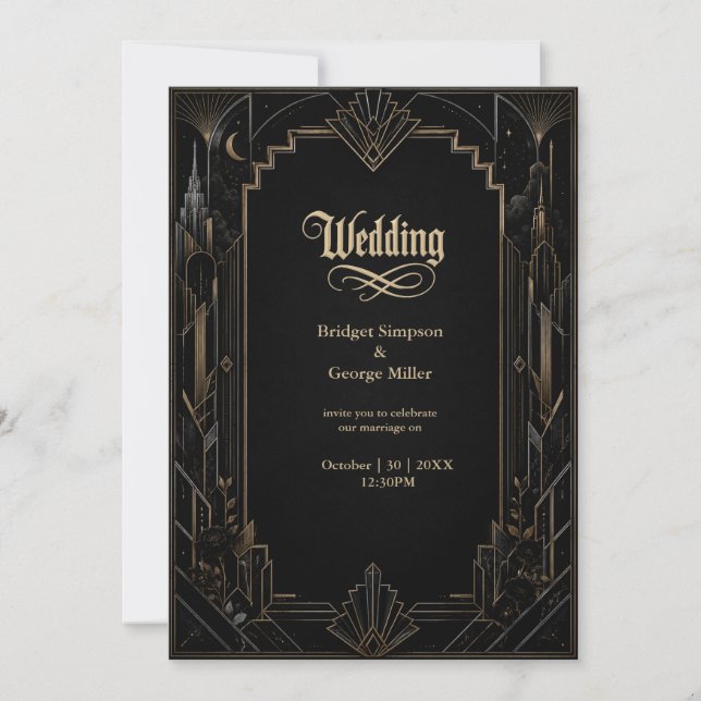 Convites Casamento Rosa com Paisagem Art Déco Gótica (Frente)