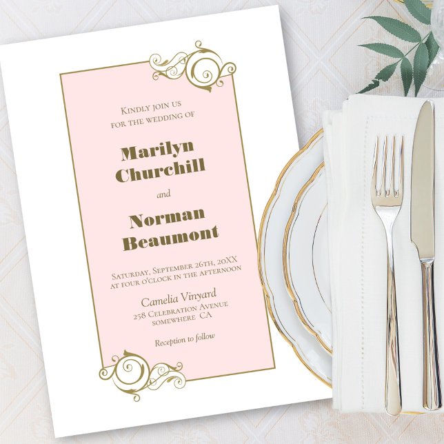 Convites Casamento Rosa Cor-de-Quadro Dourado Moderno (Criador carregado)