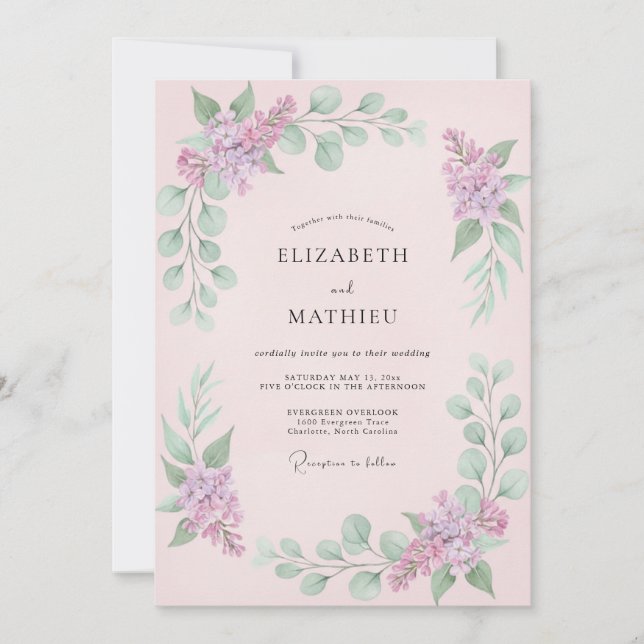 Convites Casamento Rosa Corado Lilás Delicado (Frente)