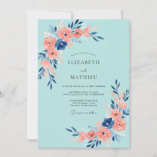 Convites Casamento Rosa Coral Aquática Pintada à Mão