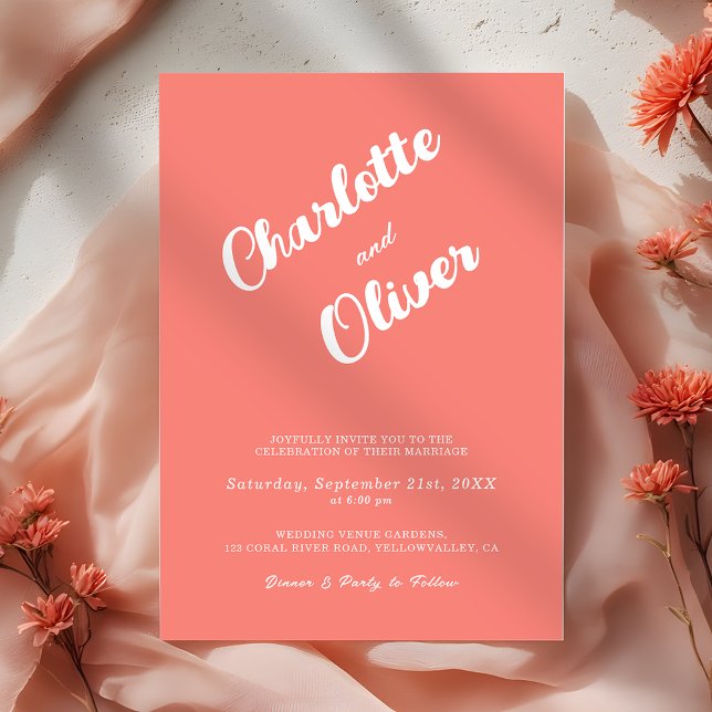Convites Casamento Rosa Coral Moderno em Script (Criador carregado)