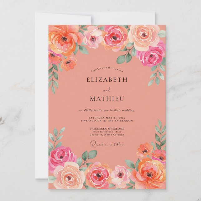 Convites Casamento Rosa Coral Peônia (Frente)
