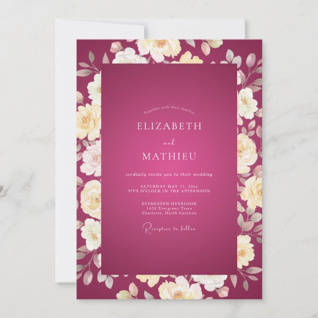 Convites Casamento Rosa Creme Magenta (Frente)