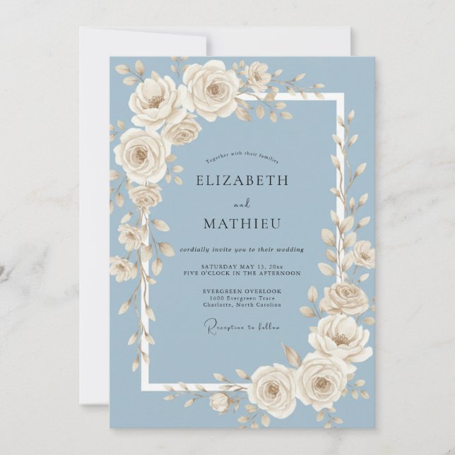 Convites Casamento Rosa de Marfim Azul Aço (Frente)