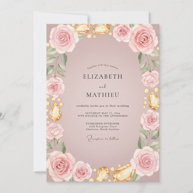 Convites Casamento Rosa Dourada Mauve Suave (Frente)