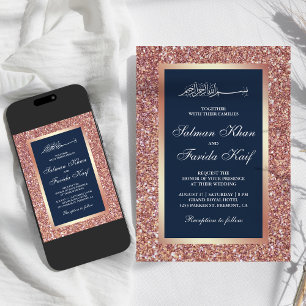 Convites Casamento rosa Dourado de Marinho Luminoso Azul Mu