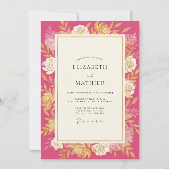 Convites Casamento Rosa Dourado Magenta (Frente)