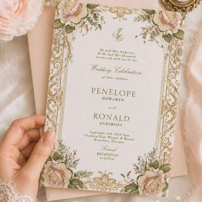 Convites Casamento Rosa Dourado Romântico (Criador carregado)