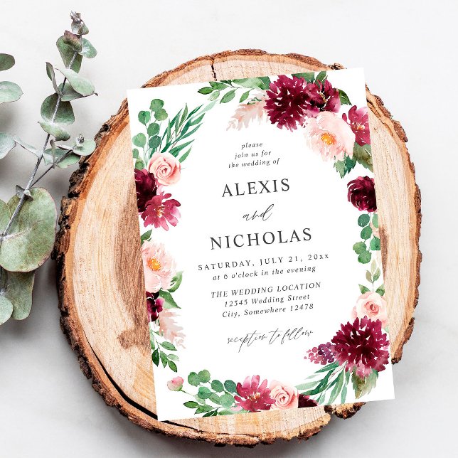 Convites Casamento Rosa e Borgonha Floral 7 (Criador carregado)