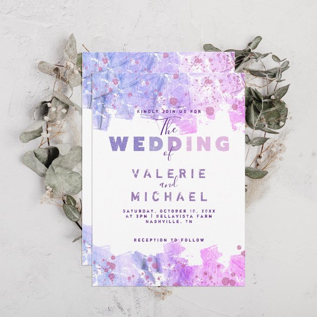 Convites Casamento Rosa e Púrpura, Grunge Artístico Moderno (Criador carregado)