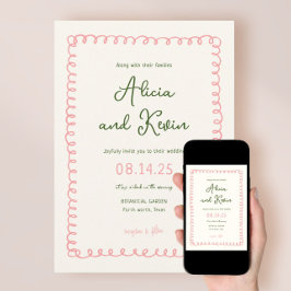 Convites Casamento rosa e verde francês desenhado à mão
