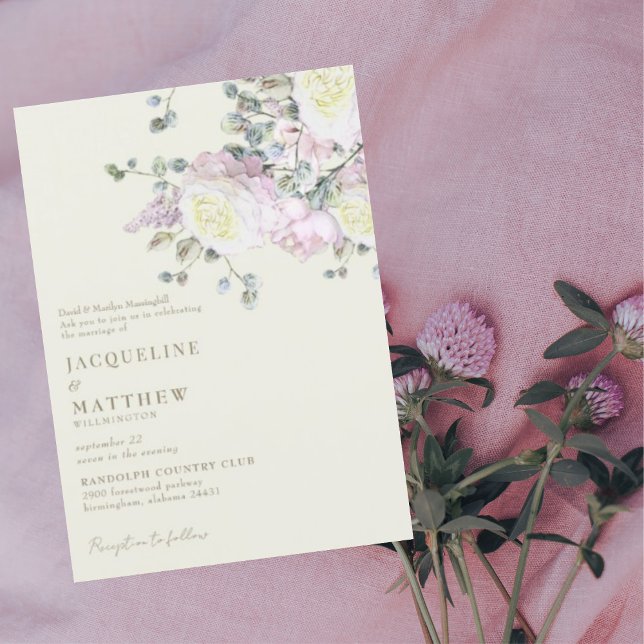 Convites Casamento Rosa Elegante e Peônia Amarela (Criador carregado)