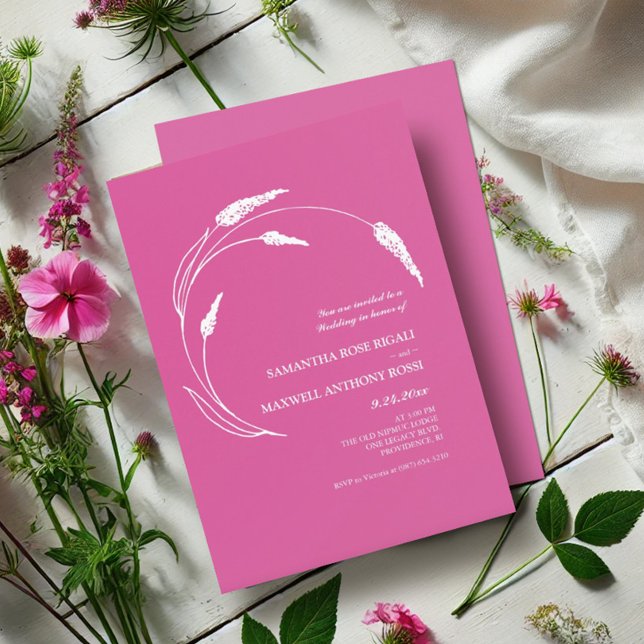 Convites Casamento Rosa Elegante Moderno Fuchsia (Pink floral wedding invitations wildflower line art by Victoria Grigaliunas Do Tell A Belle)