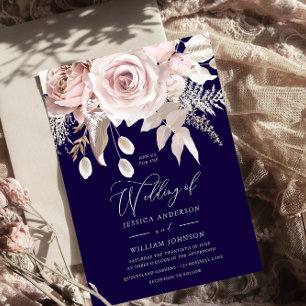 Convites Casamento Rosa Empoeirado Designer Azul-Marinho Pr
