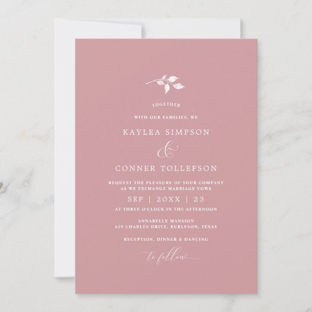 Convites Casamento Rosa Empoeirado Simples Elegante Clássic (Frente)
