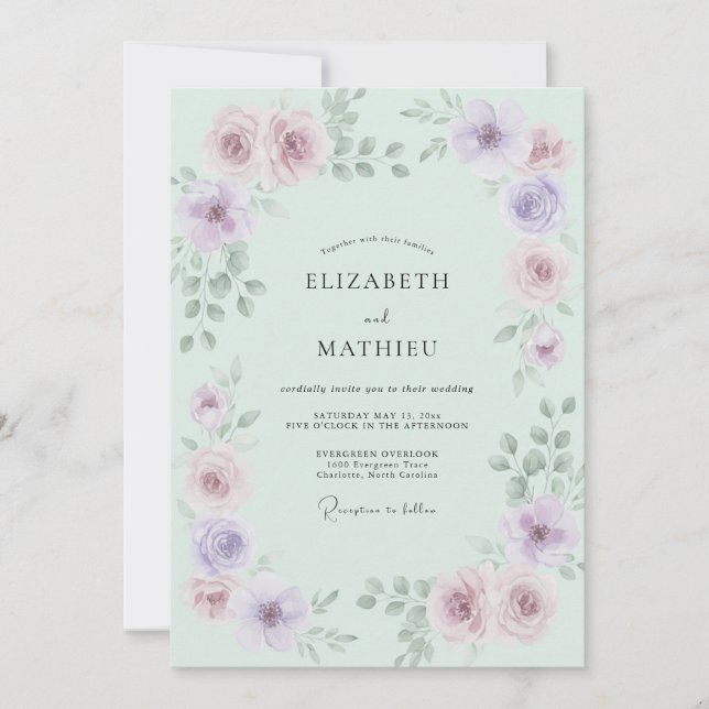 Convites Casamento Rosa Etéreo Verde Menta (Frente)